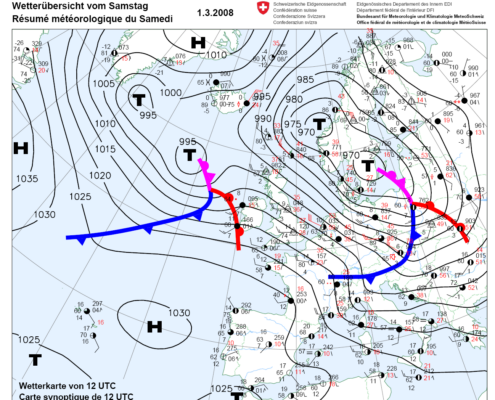 Eine Wetterkarte mit schönen Tiefdrucksystemen